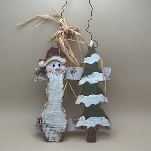 Primitive Country Wooden Winter Snowman & Tree Door Hanger Handmade/Hand Painted